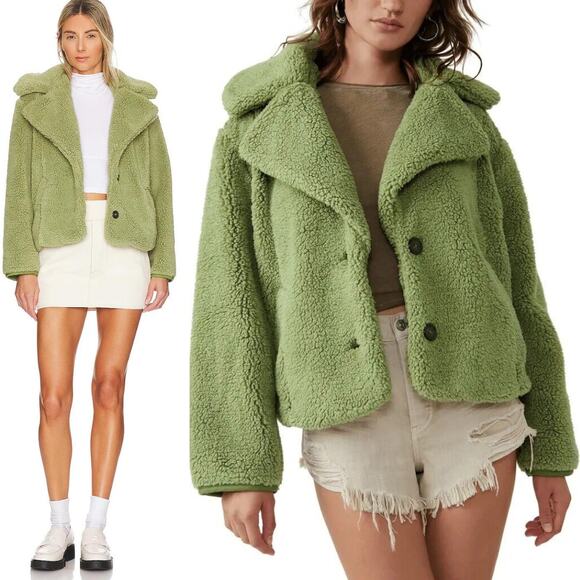 NEW Y2K Free People Joplin Cozy Sherpa Faux Fur Jacket Pistachio Green $198 - Picture 2 of 11